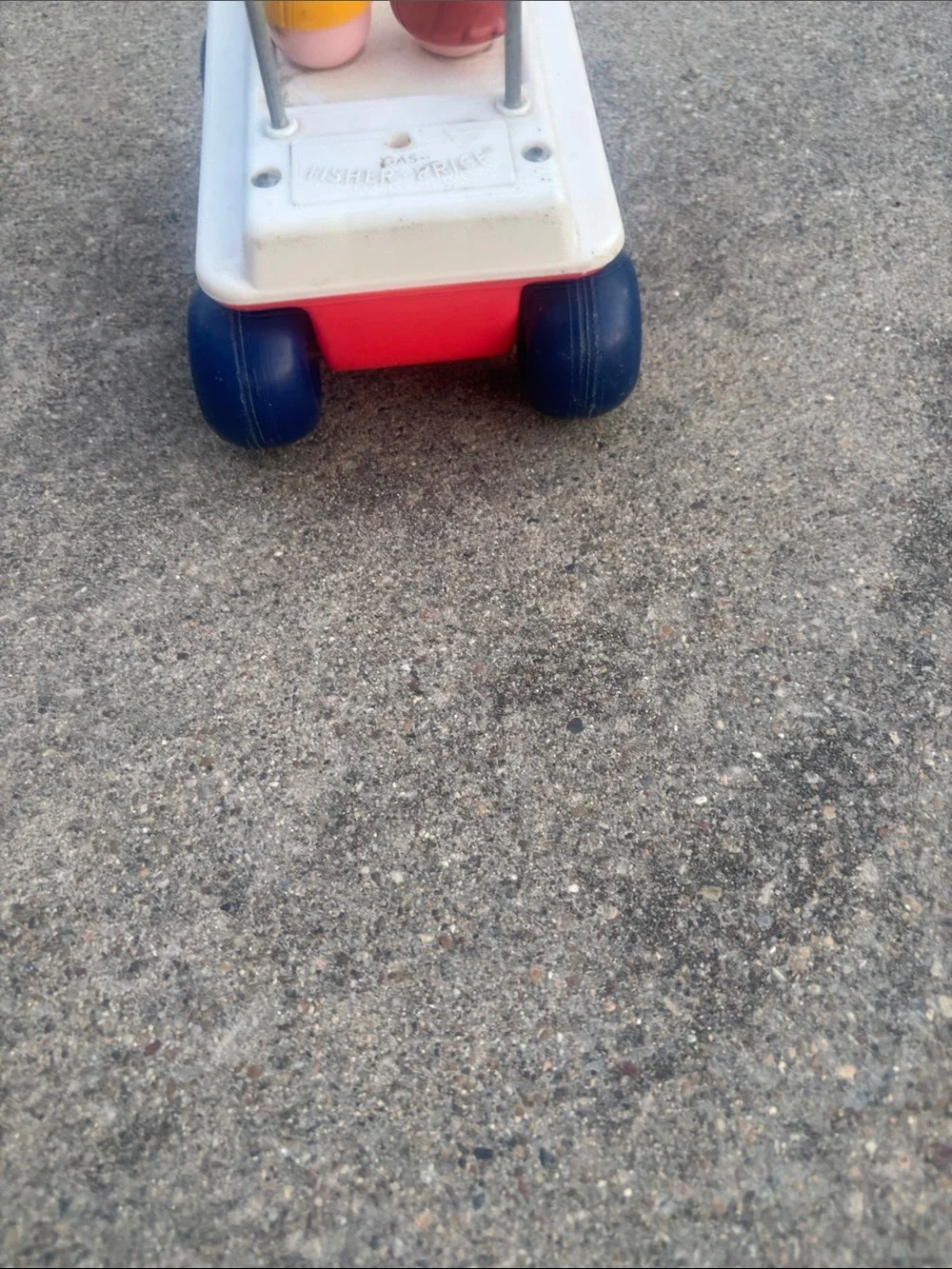 Vintage 1973 Fisher PriceBouncing Buggy Pull Toy - White with Blue & Red Accents